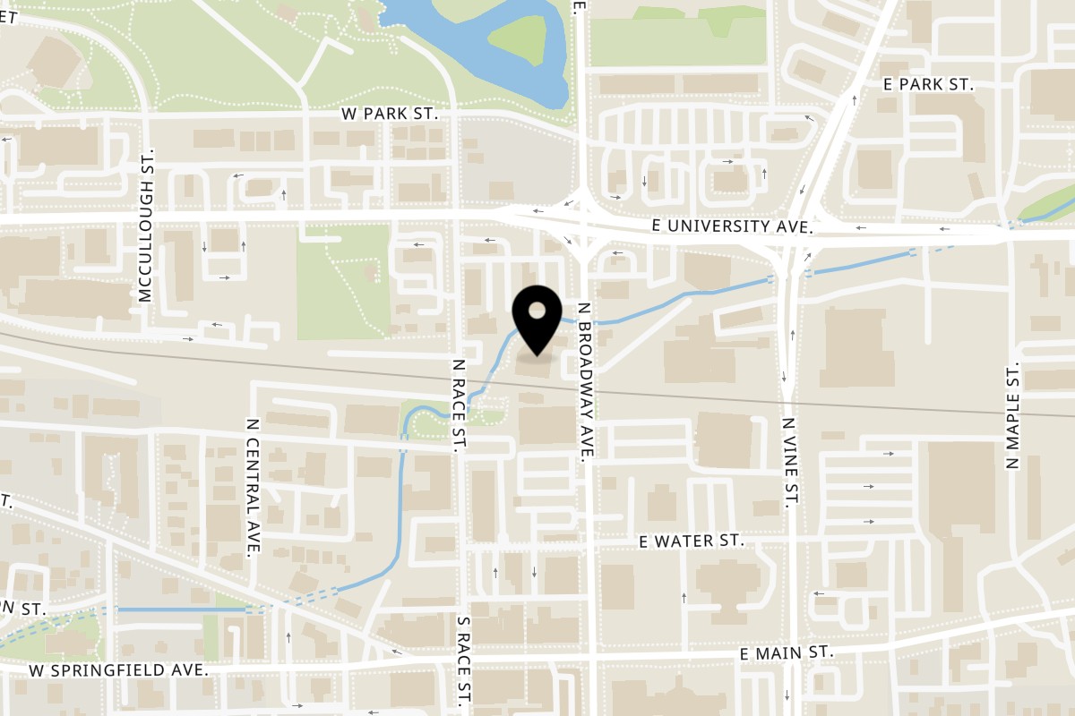 Map showing the location of Smith Burger Company Urbana on 401 N Broadway Ave Unit E in Urbana