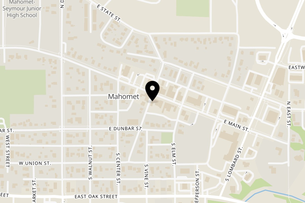 Map showing the location of Smith Burger Company Mahomet on 401 E Main St in Mahomet
